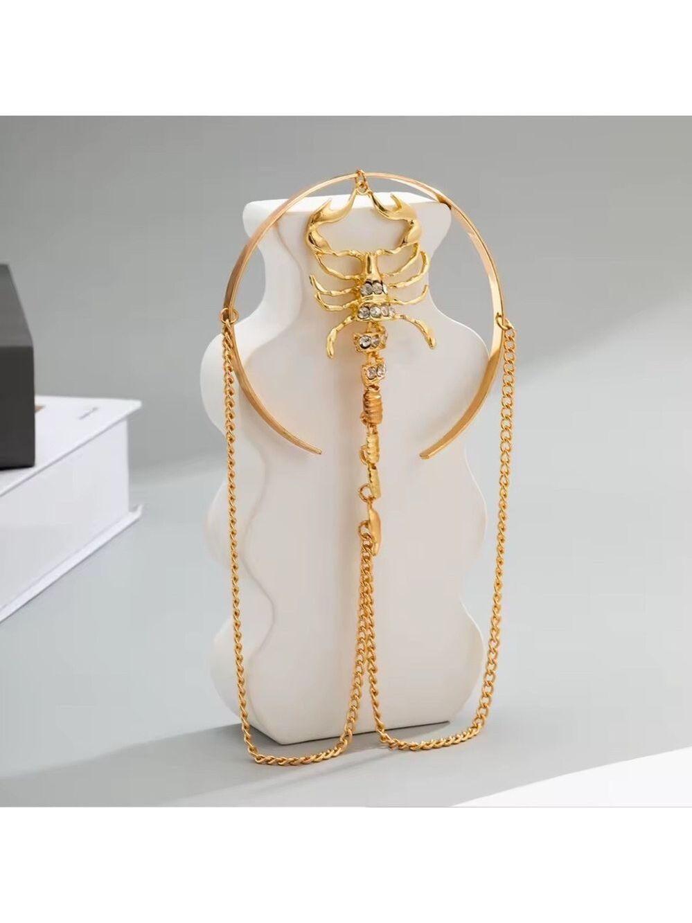 New Gold Scorpion Upper High Arm Cuff Bracelet w/ Rhinestone & Chain Accents - Picture 5 of 11